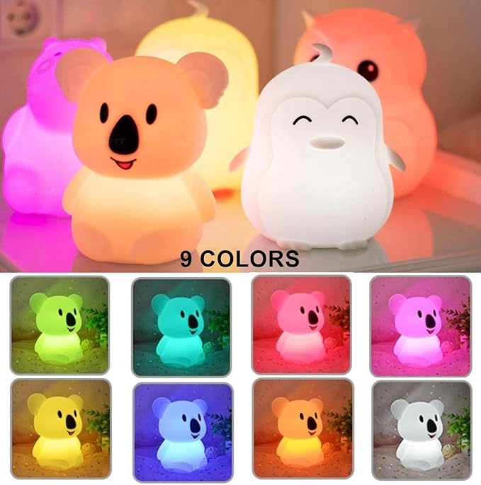 Koala Night Light for Kids Silicone Bedside Bedroom Lighting, Baby Nursery Light Sleeping NightLights, Color Changing Lamps - Eye Caring, Adjustable Brightness & Color, Time Setting - Medium