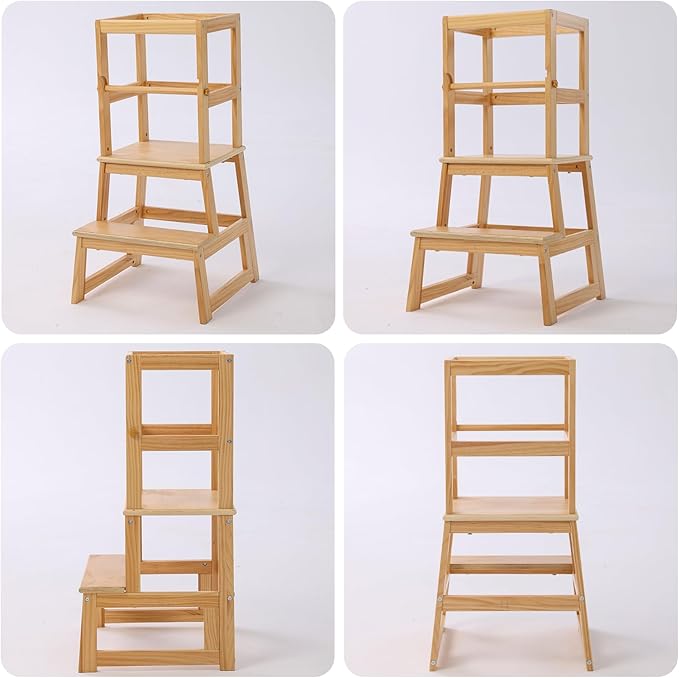 Kitchen Step Stool for Kids with Safety Rail,Toddler Standing Tower for Kitchen Counter, Baby Montessori Stool,Solid Wood Construction,Natural