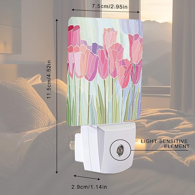 Pink Tulip Flowers Night Light Plug-in LED Nightlights Auto Sensor Night Lamp Dusk-to-Dawn Lamp Home Decor for Nursery Children Girls Boys
