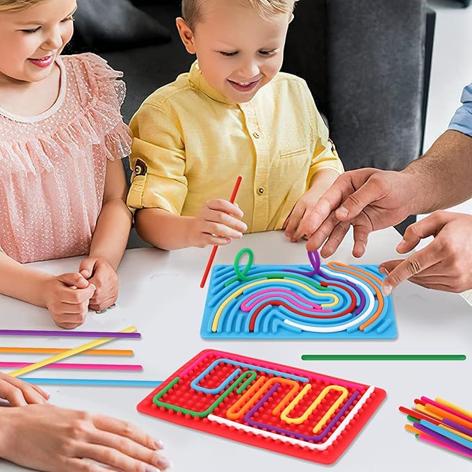 2pcs Sensory Activity Board, Double-Sided Silicone Fidget Toys for Kids 3+ & Adults, Sensory Toys for Anxiety, ADHD, Autism, Calming, Includes Travel Bag & 20 Strings, Red & Blue