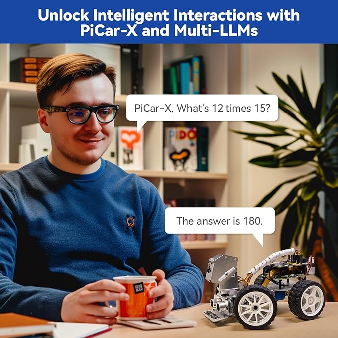 SunFounder Picar-X AI Video Robot Car Kit for Raspberry Pi 5/4/3B+/Zero 2w, LLMs ChatGPT-4o/Gemini/Grok, Voice&Video Recognition, Python, Scratch, Camera, Batterry (RPI NOT Included)