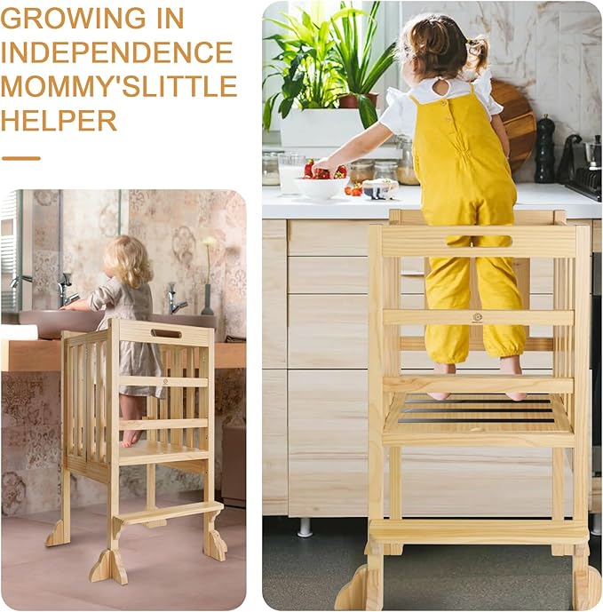 Foldable Toddler Learning Standing Tower, WOOD CITY Montessori Kitchen Step Stool Ideal Helper with 3 Adjustable Heights for Learning New Skills(Natural)