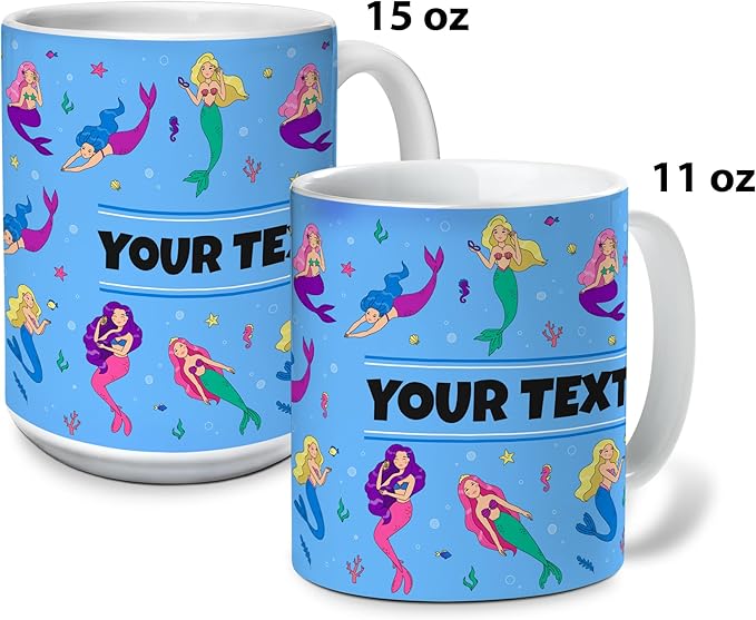 Personalized Mug for Kids - Mermaids - Custom Name/Text, Ceramic Hot Chocolate/Cocoa/Coffee Cup for Girls, Birthday/Christmas/Holiday Gift - 11 oz, White Handle