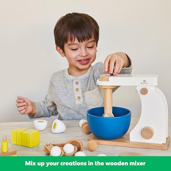 Bake-a-Cake Stand Mixer | KiwiCo Play Kitchen | Kids Baking Set Ages 3+ | Learn Early Math with Wooden Kitchen Play Set | Includes Ingredients, Stand Mixer, Measuring Spoons, Recipe Cards and More