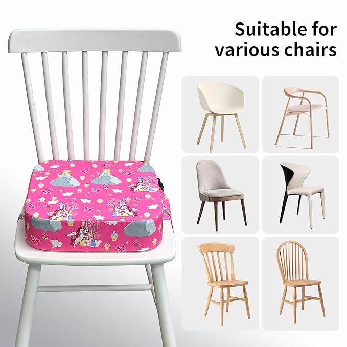 Toddler Booster Seat for Kitchen Chair, 3.5" Oxford Foam Cushion, Non-Slip Base, Adjustable Straps, Portable Dining Booster for Self-Feeding Toddlers at Home or on The Go (Pink Castle)