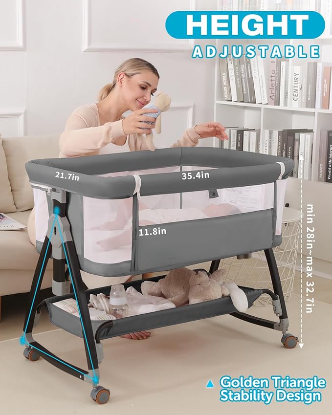 Baby Bassinet, Bassinet Bedside Sleeper with Wheels, Breathable Mesh Bedside Bassinet for Baby, Mosquito Net, Storage Basket, 6 Height Adjustable, Easy to Fold, Grey