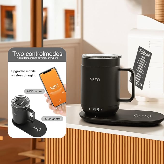 16Oz Temperature Control Smart Mug, Self Heating Coffee Mug LED Display, 180 Min Battery Life - Hot up to 149℉ Fast Wireless Charger Base Improved Design coffee serving sets mug(16oz, Orange)