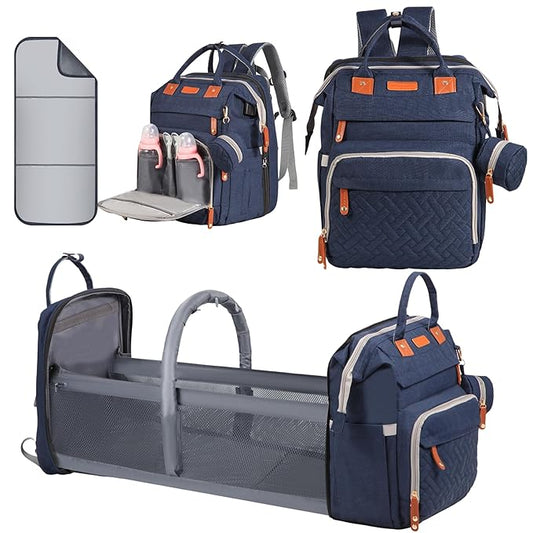 Baby Diaper Bag Backpack, with Diaper Changing Station, Multi-functional Travel Diaper Waterproof Backpack, for Baby Boys and Girls, Folding Portable Nappy Changing Mat and Sun Canopy(Large Blue)