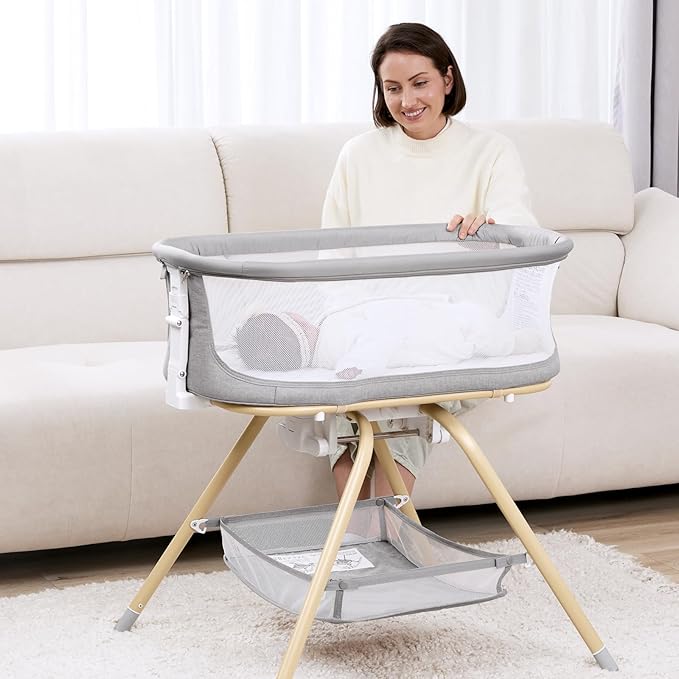ANGELBLISS 3 in 1 Baby Bassinet, Rocking Bassinets Bedside Sleeper with Calming Motion, Portable Nest for Newborn Infant, Breathable Mesh (Grey)