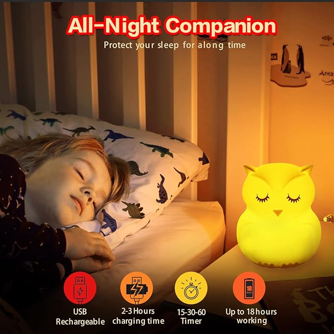 WHA&DARREN Owl Night Lights Kids, Silicone Light Bedside Lamp, Baby Nursery Light, Sleep Night-Light, Squishy Night Light for Kids Room, Animal Night Lights for Girls and Boys