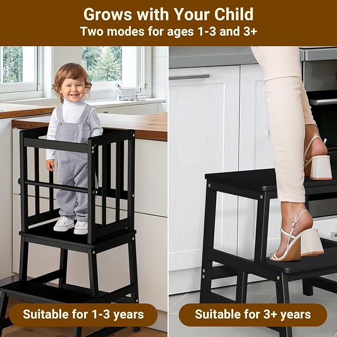 COSYLAND Kitchen Step Stool for Toddlers – Stable A-Frame Design Kids Standing Tower with Protective Crossbar – Wooden Learning Stool for Kitchen Island Counter, Bathroom (Black)