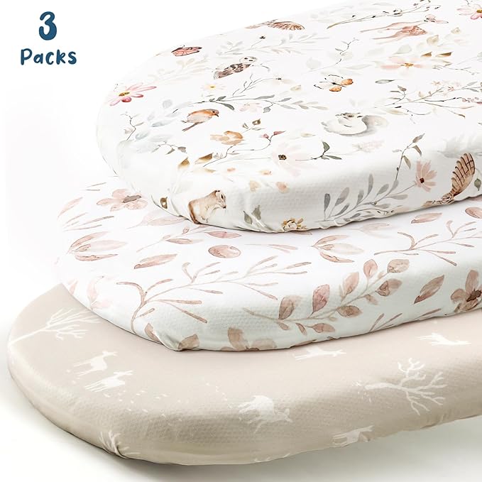 GRSSDER Stretchy Ultra Soft Fitted Bassinet Sheets 3 Pack, Universal Fit for Baby Cradle Moses Basket Oval Rectangle Mattress Safe and Snug, Beautiful Blush Pink Floral Bassinet Sheet for Girls