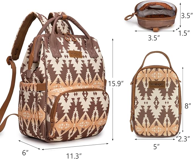 Montana West Wrangler Callie Diaper Bag Backpack with Pacifier Case, Crossbody Bottle Bag and Stroller Straps Western Pattern Multifunction Baby Travel Bag Set WG2215-9110BR