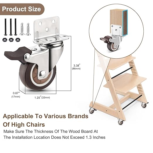 Universal Booster Wheel Kit for Stokke Tripp Trapp High Chairs - 360° Swivel Casters with Safety Locks + Free Sippy Cup Strap (4-Piece Set)