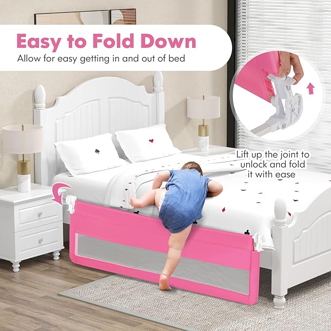 BABY JOY Bed Rails for Toddlers, 71'' Extra Long, Swing Down Bed Guard w/Safety Strap, Folding Baby Bedrail for Kids Twin, Double, Full Size Queen & King Mattress (71-Inch, Pink)