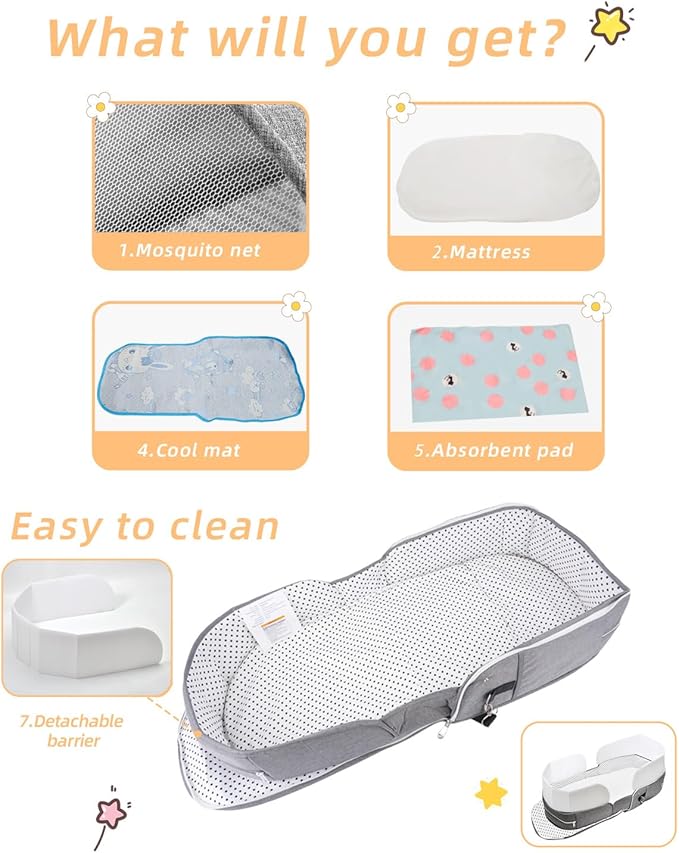 Baby Travel Bassinet Portable Bassinets: Foldable Lightweight Travel Pod Infant Bassinet with Mosquito and Canopy Outdoor Newborn Essentials Gift