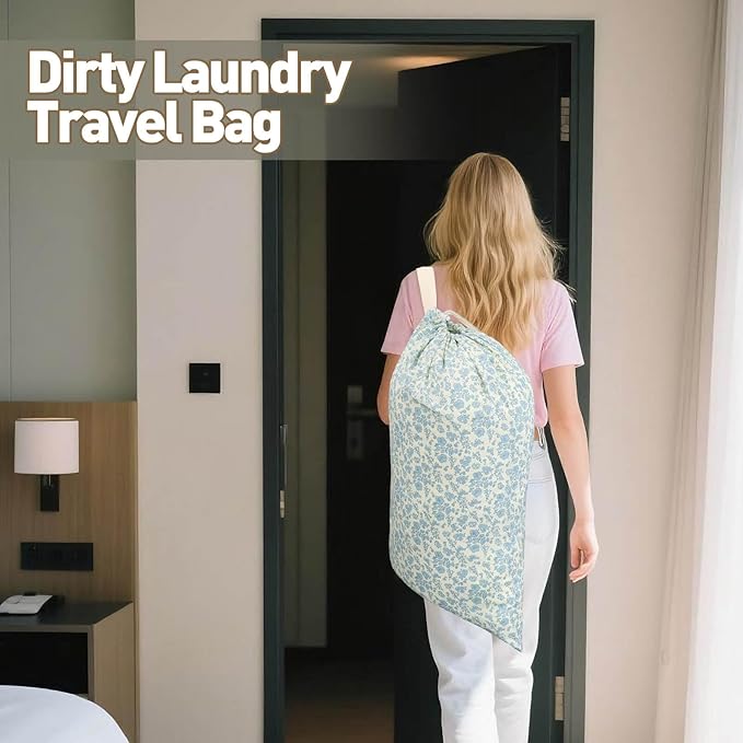College Laundry Bag, Dirty Clothes Laundry Bag With Drawstring Handles For College Dorm Laundromat Apartment Travel Camp 29" X 18" Women Girls Back To School Birthdays Gift, Blue Florals