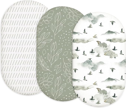 Bassinet Sheets for Baby Girls Boys 2 Pack, Fitted Baby Mattress Sheet for Rectangle, Oval, Hourglass Bassinet Mattress, Breathable Cozy & Universal Fit (Sage Trail)