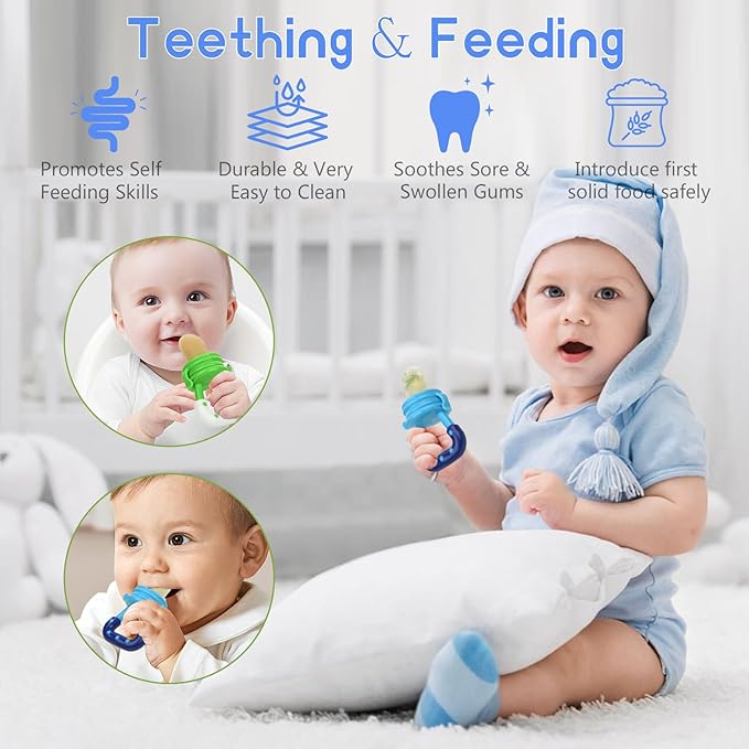 WAJIAYON Baby Fruit Feeder Pacifier - 5 Pack | 2 Baby Food Feeder Pacifier & 1 Infant Food Dispensing Spoon | Fresh Fruit Teethers for Babies | Shower Gifts for Boys and Girls (Blue & Green)