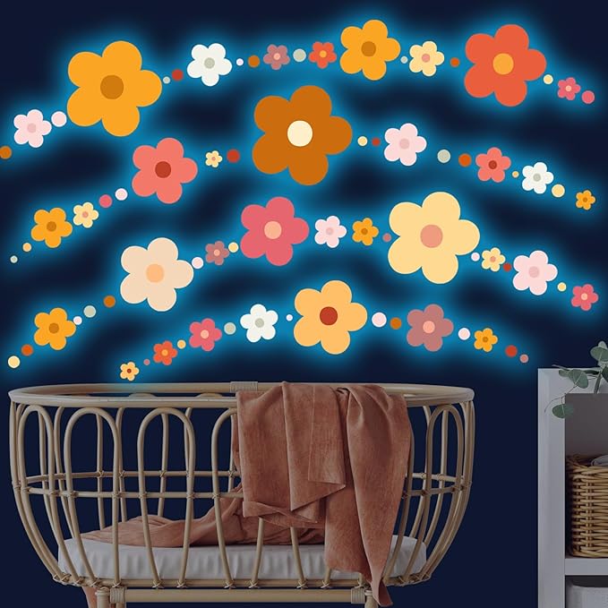 Glow in The Dark Y2k Cute Flowers Wall Decals，Glowing Luminous Colorful Boho Floral Wall Stickers Removable self-Adhesive Flower Decals for Girls Bedroom Kids Baby Nursery Living Room (Classic Color)