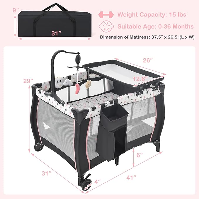 INFANS 3 in 1 Pack and Play, Portable Travel Baby Crib Bassinet with Detachable Mattress, Newborn Changing Table, Foldable Playpen with Carry Bag and 2 Wheels (Cartoon)