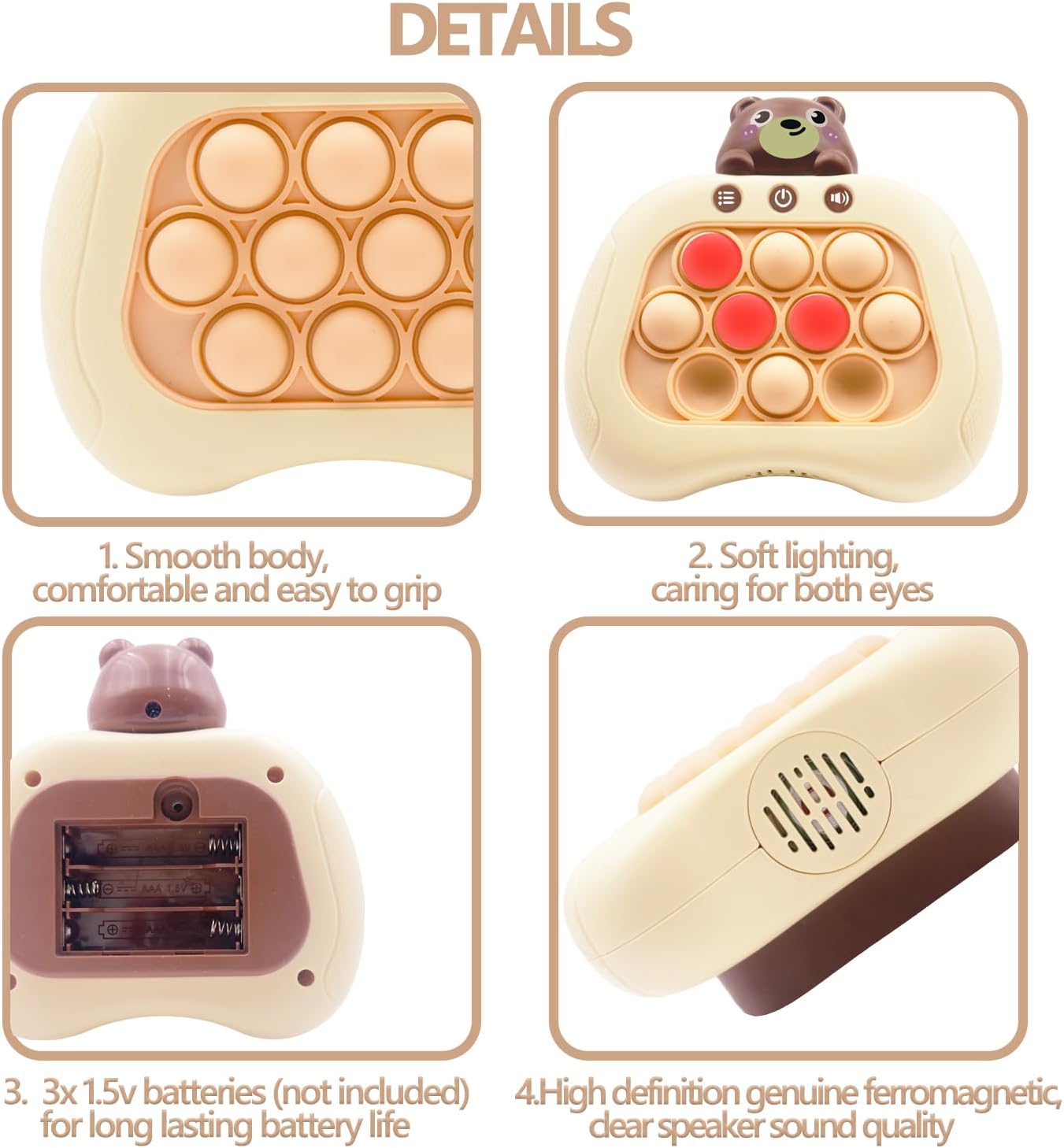 Quick Push Pop Game Fidget Toys Pro for Kids Adults, Handheld Puzzle Game Machine, Squeeze Poppet Sensory Fast Push Bubble Toy,Party Game,Birthday Gitfs Bear