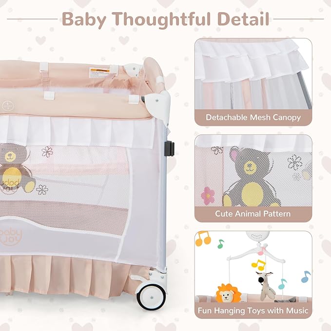 HONEY JOY 4-in-1 Pack and Play with Canopy, Portable Baby Playard w/Changing Table and Infant Bassinet Cute Toys & Music, Foldable Bassinet for Newborn and Toddler(Light Pink)