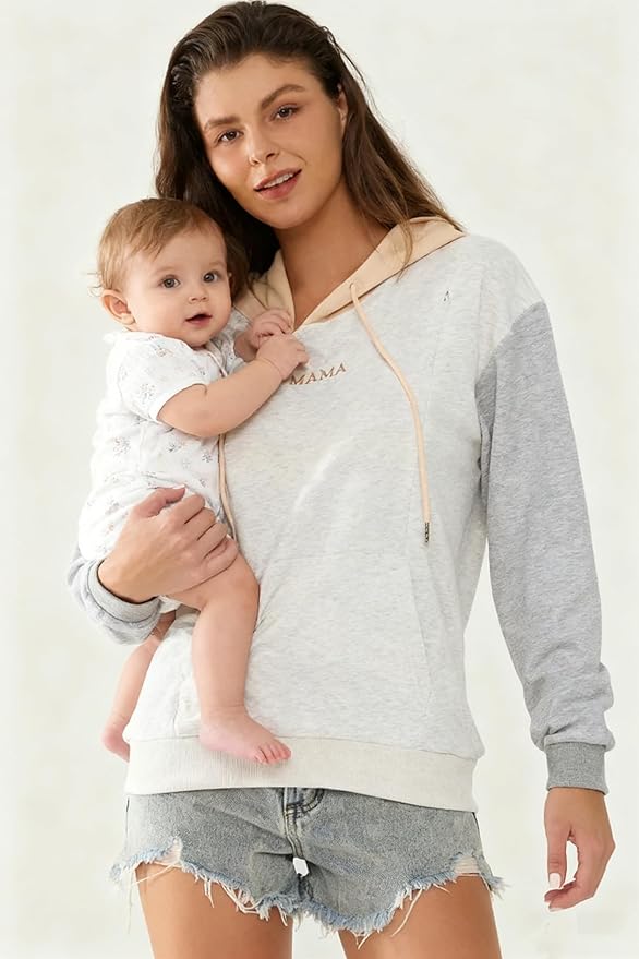Nursing Hoodie for Breastfeeding Maternity Sweatshirt with Zippers Postpartum Nursing Top Colorblock Clothes