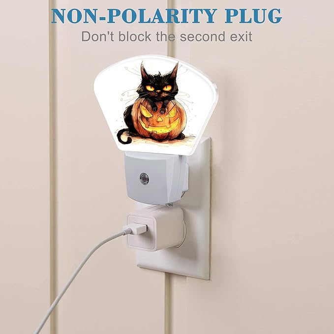 Halloween Black Cat Night Light for Kids, Halloween Pumpkin LED Night Light Plug into Wall with Dusk to Dawn Sensor for Girls Boys Women Men Bedroom, Hallway, Kitchen, Bathroom, Stairs Decor
