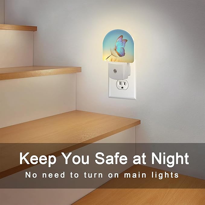 Blue Butterfly and Dandelion Night Light Plug into Wall, Butterfly in The Sunset Dusk to Dawn Night Light,0.5w Energy Saving Sleep Friendly Nightlights for Kids Boys Girls Home Decor