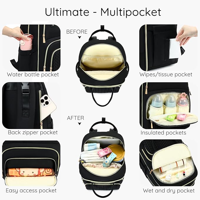 Diaper Bag Backpack - Large Multi functional, Boys, Girls & Baby Travel Essentials Tote with Changing Pad, Insulated Pockets, Stroller Straps, Waterproof - Baby Backpack for Mom & Maternity (Black)