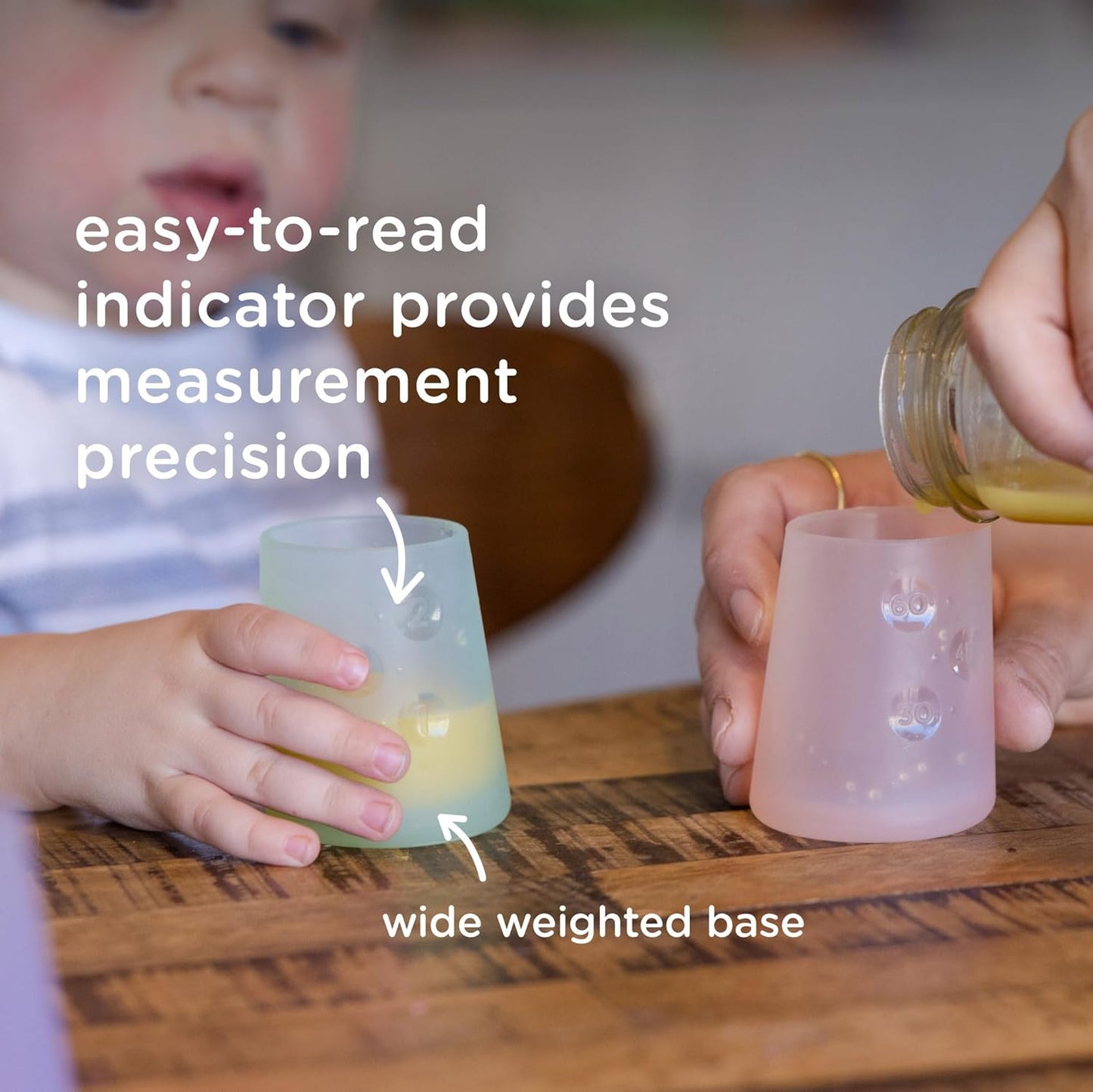 Olababy First Cup | Clear Sense 100% Silicone Infant Trainer Cup | 2oz Medicine Cup for Newborn | Non-Slip & Sloping Design for Tiny Hands & Baby Led Weaning (Blueberry/Mint, 2 Cups)