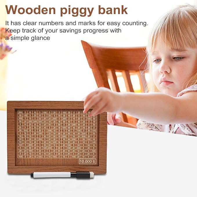 10000 Savings Challenge Box, Money Saving Box with Money Target and Numbers, Cash Vault Wooden Savings Box, Wooden Money Box, Coin Counter Piggy Bank for Adults, Wooden Coin Bank for Kids 10,000