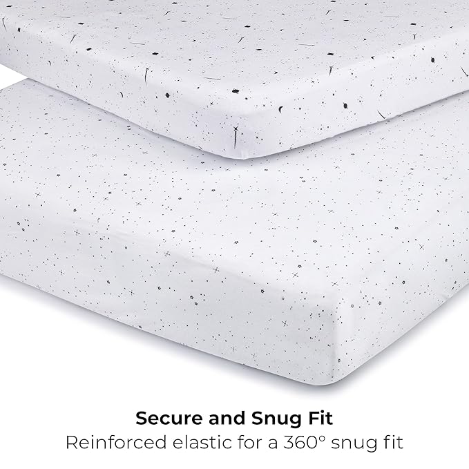 Ely’s & Co. Pack and Play Sheets, for Mini/Portable Crib, 2 Pack Fitted Playpen Play Yard Sheet Set Compatible with Graco Pack n Play, 100% Cotton, Black and White Celestial, 38”x24”x5”