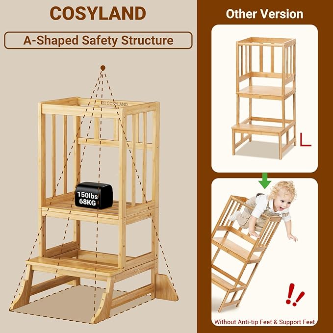 COSYLAND Toddler Step Stool Height Adjustable – Portable Kids Kitchen Stool Helper with Stabilizing Base Block – Toddler Standing Tower for Bathroom Kitchen Living Room Dining Room (Natural)