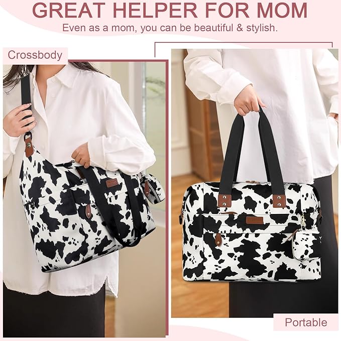 Diaper Tote - Baby Bag with Pacifier Case, Shoulder Straps, Stroller Clips, Waterproof Large Mommy Maternity Travel Bag for Mom and Dad, Cow Print