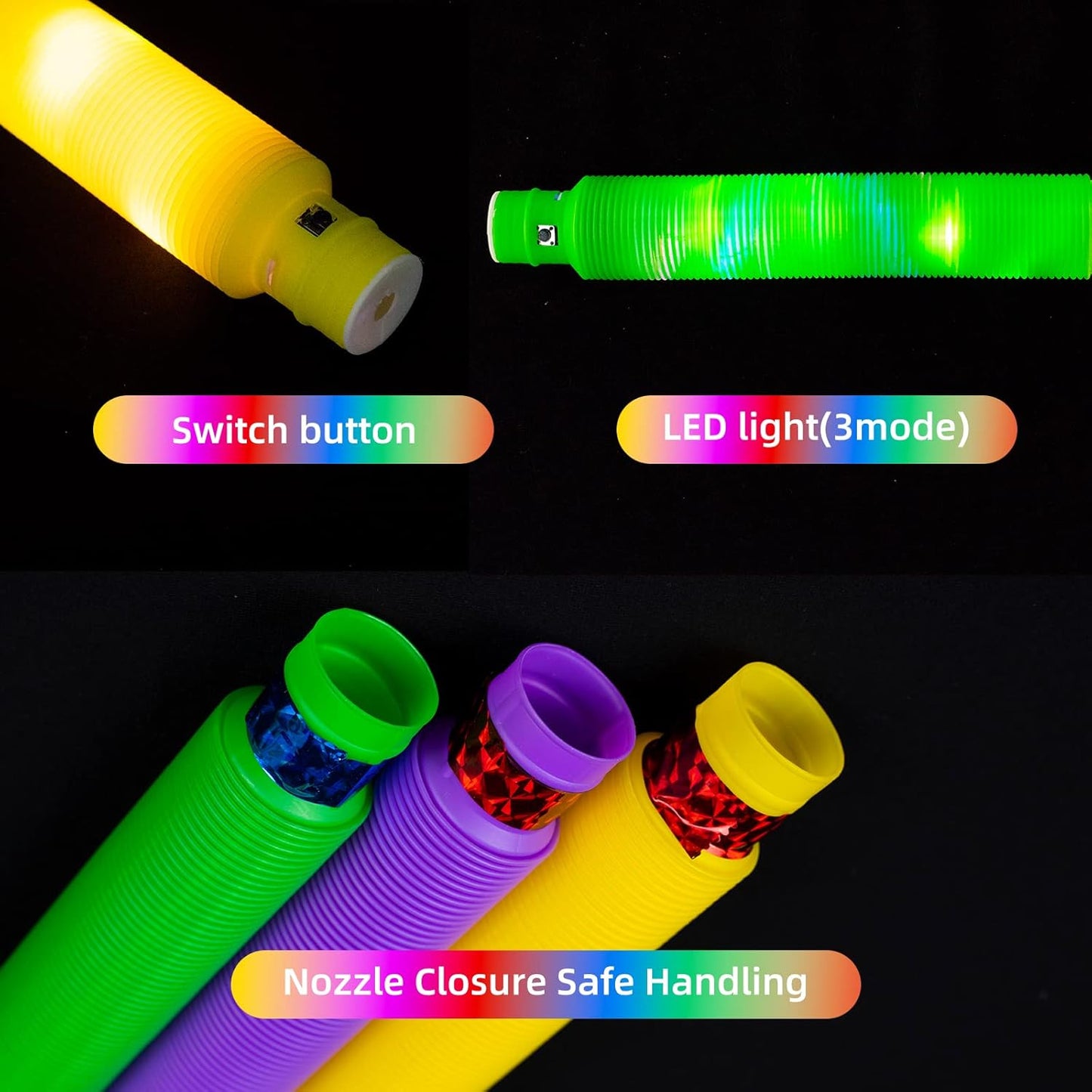 Light Up Pop Fidget Tubes: Glow Sensory Tube Stretch Toys for Kids Party Favors - Mini Plastic Pull Tubes Bulk with LED Lights Glowing Stick in the Dark (12 Pcs)