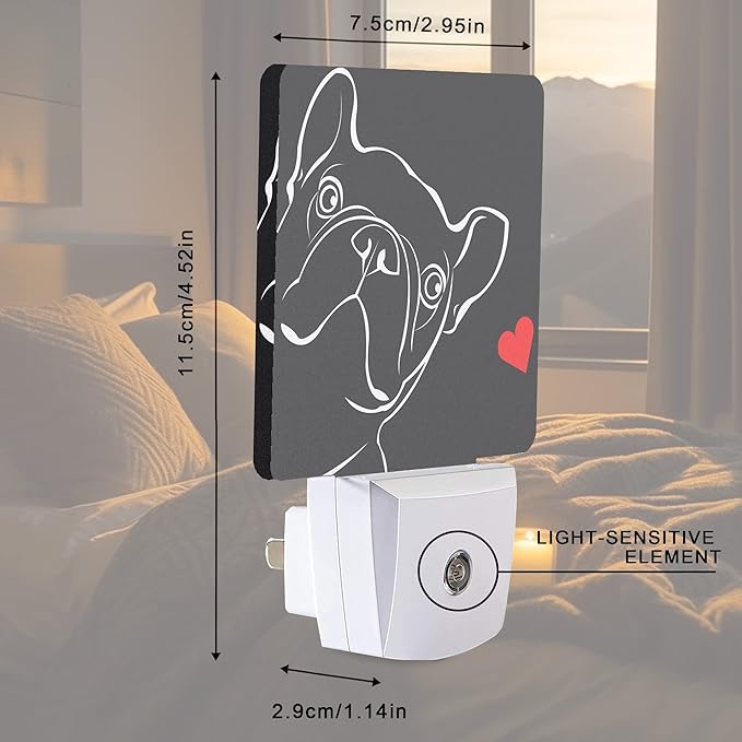 French Bulldog Dog red Heart Night Light Plug-in LED Nightlights Auto Sensor Night Lamp Dusk-to-Dawn Lamp Home Decor for Nursery Children Girls Boys
