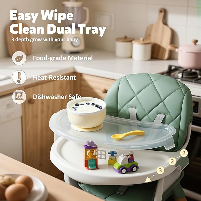 8 in 1 Wooden High Chairs for Babies Toddlers, Convertible to Booster Seat, Baby Feeding Highchair w/ 5-Point Safety Harness, Removable Tray & Cushion, Green