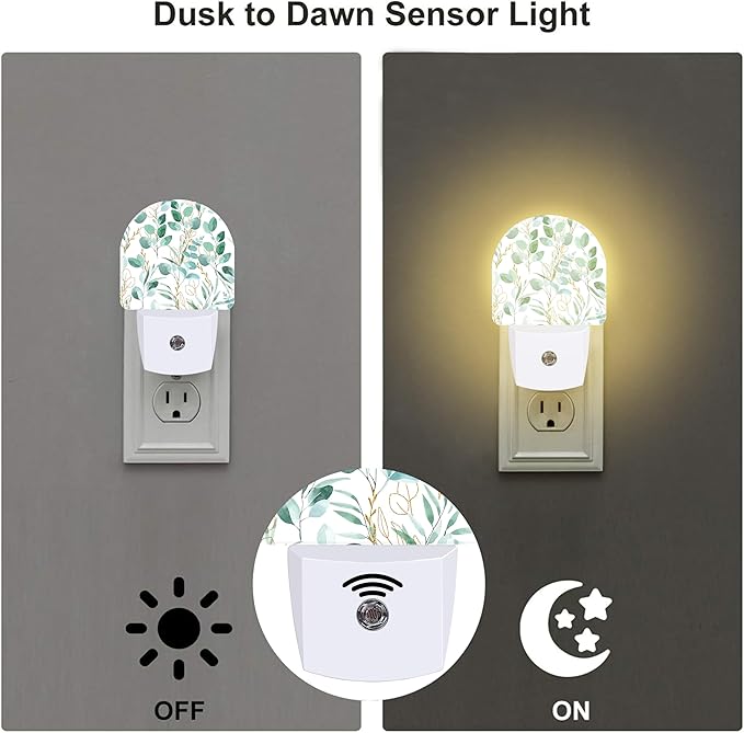 Green and Gold Eucalyptus Leaves Night Light Plug into Wall,Watercolor Botanical Leaves Dusk to Dawn Night Light,0.5w Energy Saving Sleep Friendly Nightlights for Kids Boys Girls Home Decor