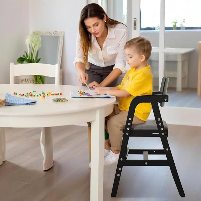 Solid Wood High Chair for Toddlers, Baby Highchair, Adjustable HighChair for Babies/Toddlers with Removable Cushion, Children Kids DiningChair, Teens Study Chair with Steps (Black)