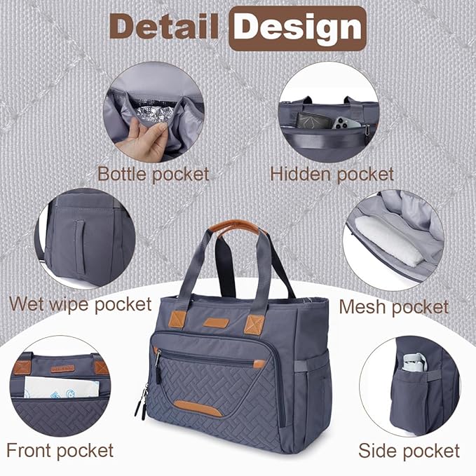 Diaper Bag Tote, with 16 Inch Laptop Compartment and 3 cooler Pocket Ideal for Boy (Dark Gray)