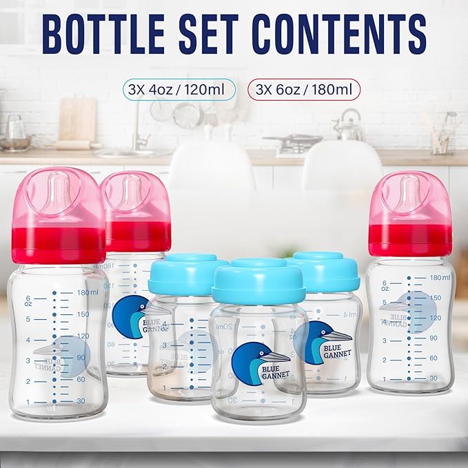 Multipurpose Anti-Colic Glass Baby Bottles with Slow Flow and Natural Flow Nipples, Breast Milk Collection and Storage Bottles, Wide-Neck Breast Pumps Compatible, 6-Pack (4oz, 6oz)