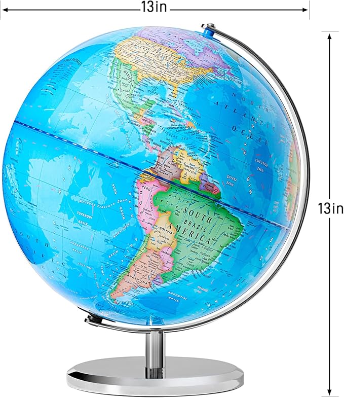 13" World Globe for Kids, Classroom Globe for Education & Decoration with Stable Heavy Metal Base, HD Waterproof Printed & Rewritable Surface