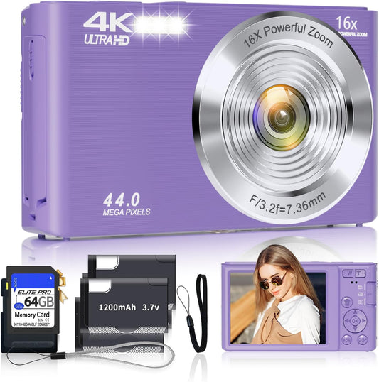 Digital Camera for Teens, FHD 4K 44MP Digital Camera Purple with 64GB SD Card 16X Digital Zoom, Cameras for Photography Compact Point and Shoot Camera for Teen Boys Girls Kids Camera Digital Purple