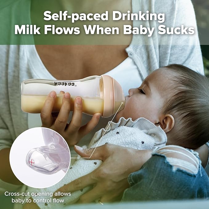 haakaa Gen.3 Natural Glass Baby Bottle 11oz/1PK - Wide Neck Anti-Colic Variable Flow Nipple,Easy to Clean & Latch for 6m+ Breastfeeding Baby Toddler,BPA-Free - Peach