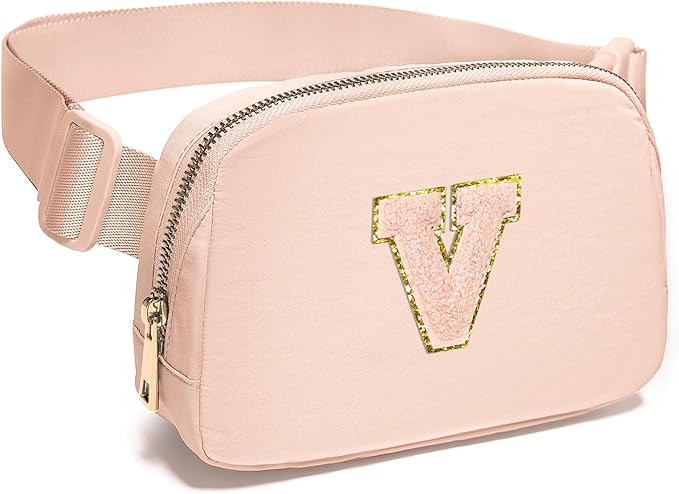 Gitus Gifts for 8 9 10 11 12 Year Old Girls Belt Bag Fanny Pack Crossbody Bags with Initial Letter Patch Cute Stuff Birthday Gifts for Teen Girls Women Personalized Trend Stuff (Coral Pink-V)