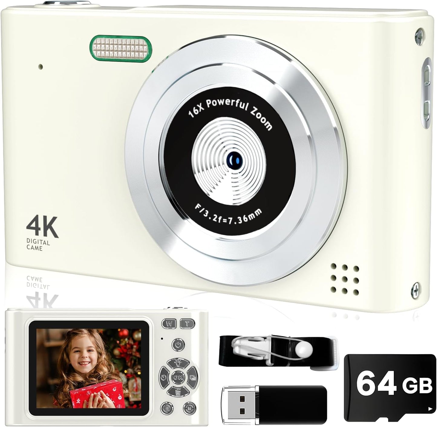 Digital Camera, 44MP Full HD 1080P Point and Shoot Camera with 64GB Card, Anti Shake 16X Zoom Compact Volg Cameras, Portable Small Camara Gift for Kids, Ages Teen Girl Boy - White