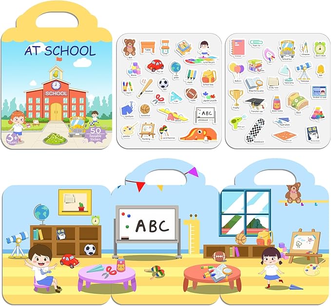 JOFREY at School Reusable Sticker Book,Jelly Sticker for Kids,50pcs Stickers ，Quiet Busy Book Preschool Learning Activities for Toddlers Ages 3-6