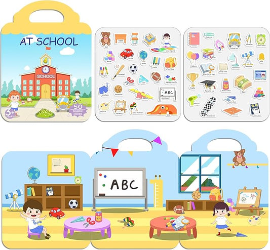 JOFREY at School Reusable Sticker Book,Jelly Sticker for Kids,50pcs Stickers ，Quiet Busy Book Preschool Learning Activities for Toddlers Ages 3-6